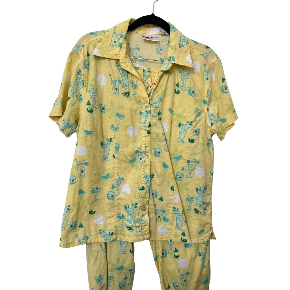 Y2K Sunbay Cottons Petite Pajama Set Yellow Tropical Cocktail Print Cotton Rayon